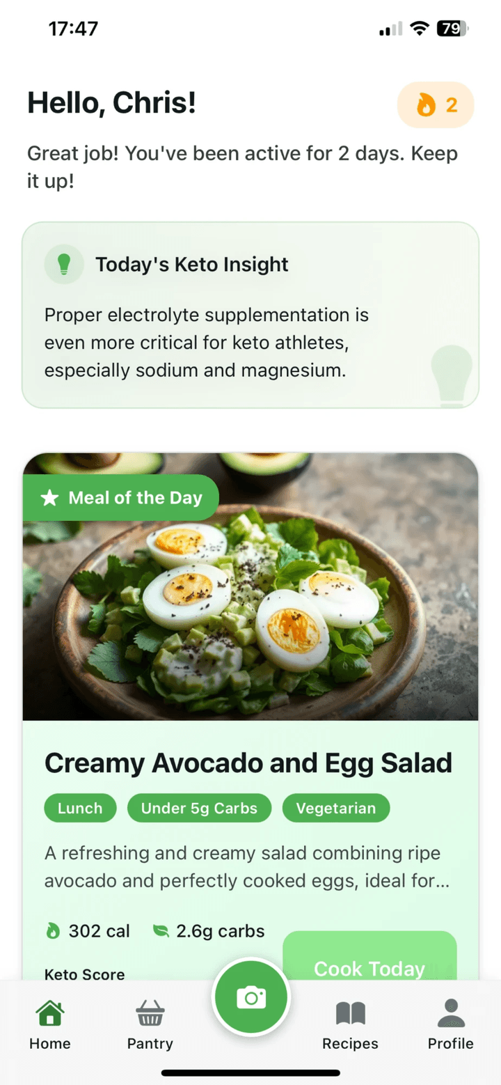 Keto Score & Tracking screen in the KetoSnap AI app