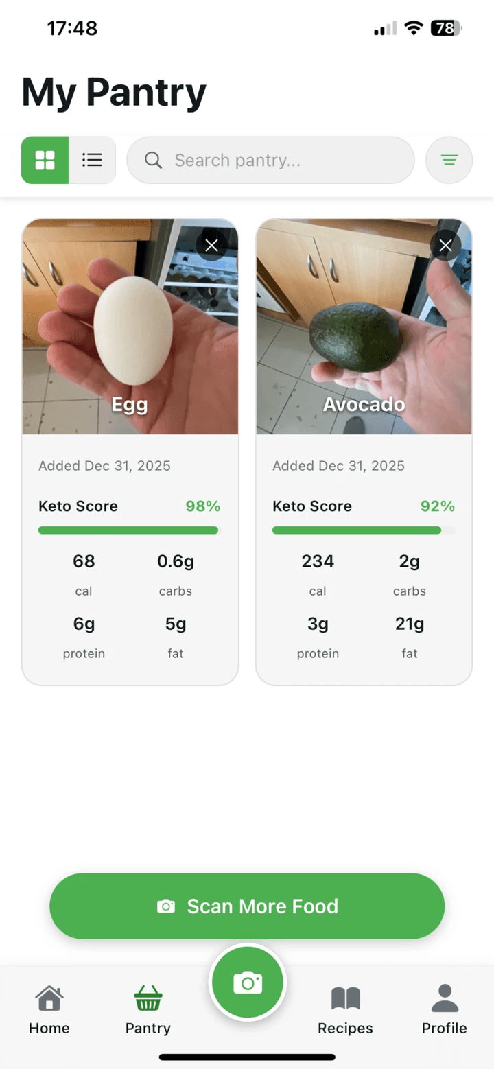 Pantry Management screen in the KetoSnap AI app