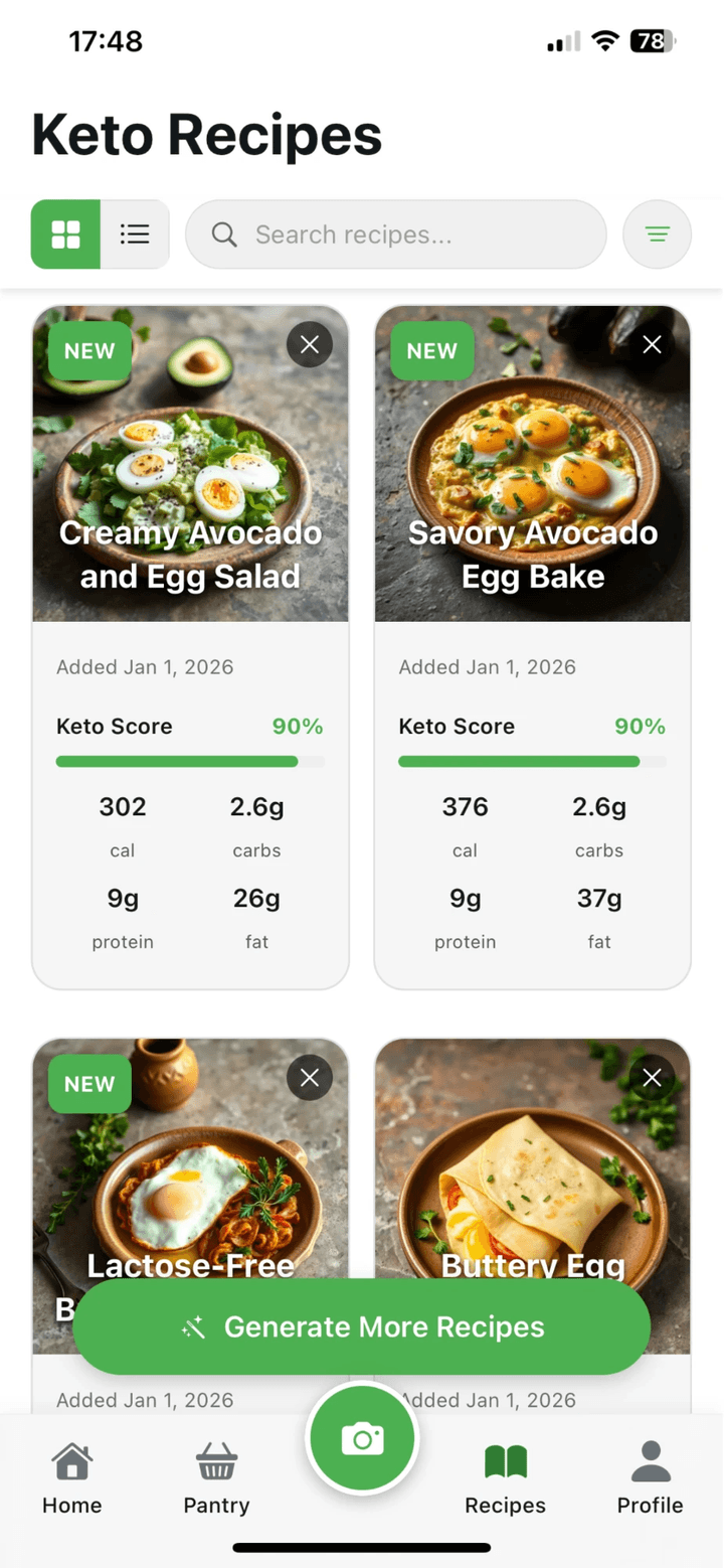 AI-Generated Recipes screen in the KetoSnap AI app